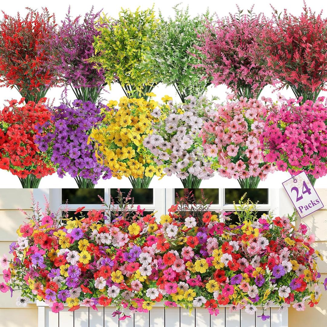 SHareconn 24 Bundles Artificial Flowers for Outdoors, Faux Plants Fake Silk Colorful Daisy Eucalyptus Lavender, UV Resistant for Outside Home Porch Patio Spring Decor, RedRosyPurpleYellowPinkWhite
