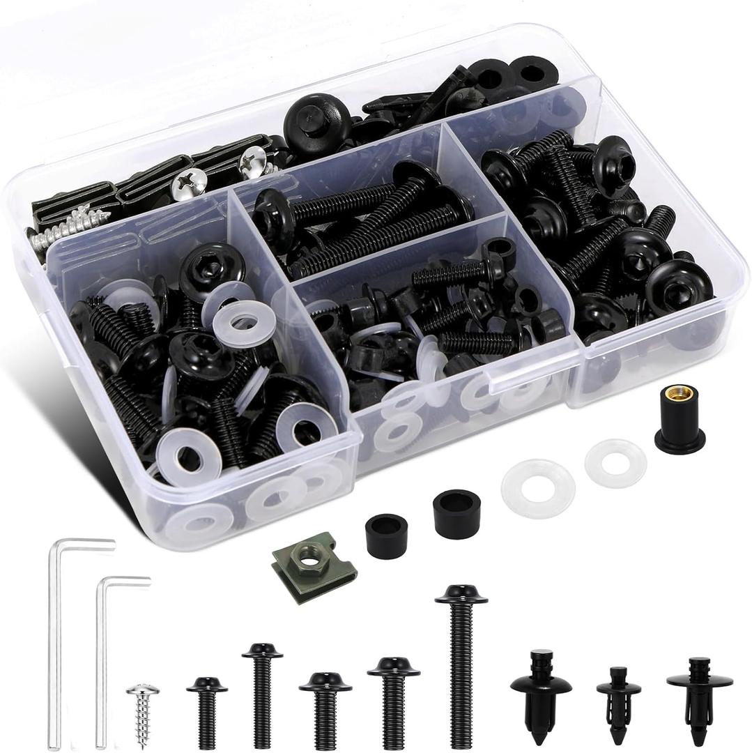 210Pcs Motorcycle Fairing Bolt Kit, 304 Stainless Steel M5 M6 Windscreen Screws Fasteners Universal Fit for Honda GSXR Suzuki Kawasaki Ninja Yamaha BMW, Black