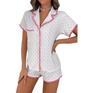COZYEASE Womens Silky Pajamas Set Heart Print 2 piece Sleepwear Short Sleeve Button Down Shirt with Shorts (White, L)