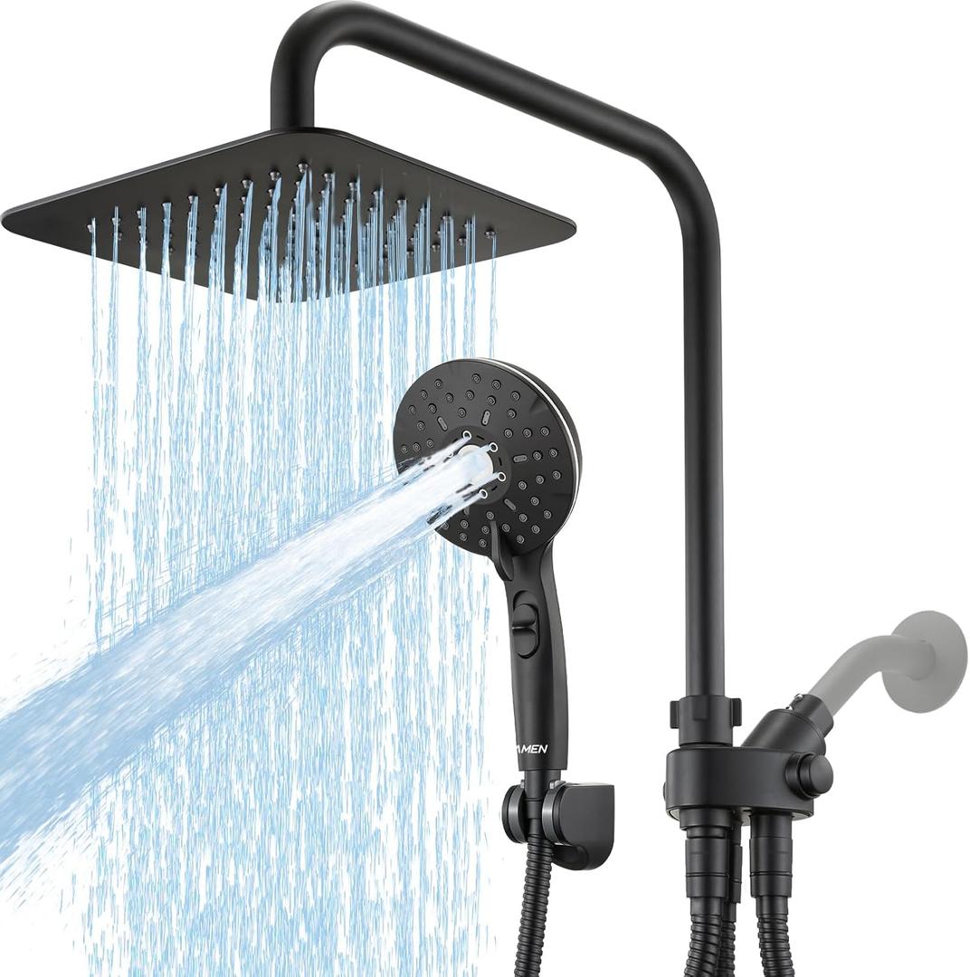 Ryamen 8" Dual Shower Head Combo, High Pressure Rainfall Shower Head with Handheld, 6 Spray Settings Angle Adjustable Handheld Shower Head with Pause, Height Adjustable, Matte Black
