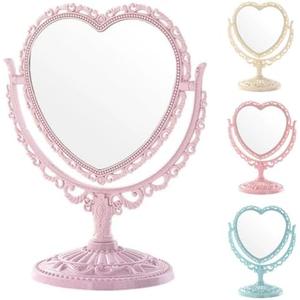 DEAYOU 1 Pack Heart Shaped Cosmetic Mirror, Vintage Vanity Tabletop Mirror with Double Sided, Rotatable Dresser Mirrors with Stand for Makeup, Girl, Women, Beauty, Spa Party, Random Color
