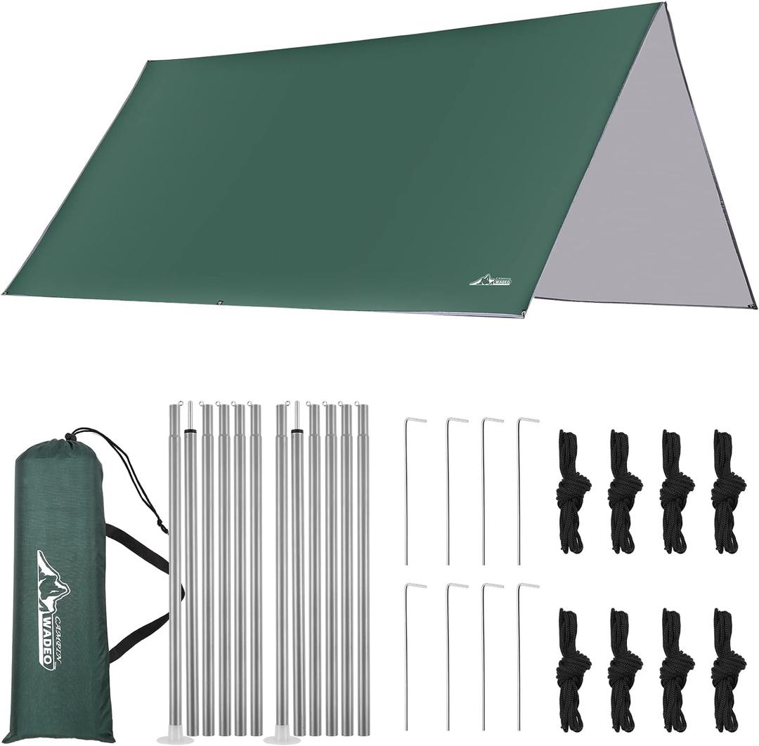 WADEO Camping Tarp with Poles, Waterproof and Lightweight Tent Hammock Tarp, 10X10FT Backpacking Rain Fly Survival Shelter for Camping, Hiking, Picnic and Outdoor Activities
