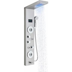 Shower Panel System Rainfall Waterfall Shower Head with Body Jets & Hand Shower Stainless Steel Bathroom Shower Panel Tower System Brushed Nickel