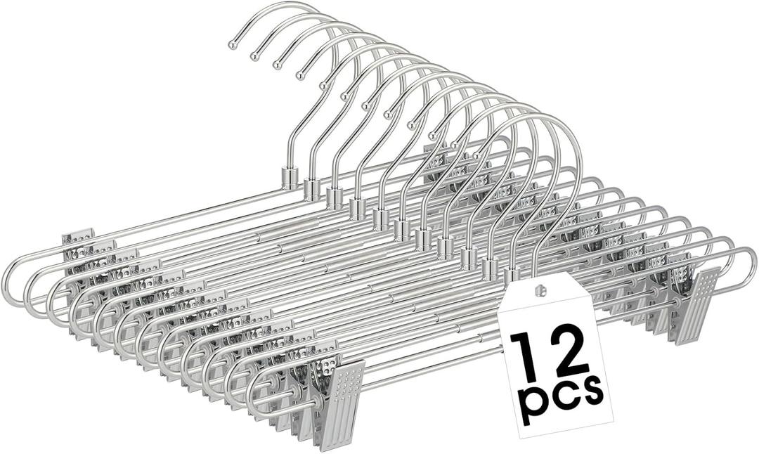 12 Pcs Metal Chrome Pant & Skirt Hanger Set with 360-degree Swivel Hooks, Metal Pant Hangers with 2-Adjustable Clip Anti-Rust Hangers for Skirt, Jeans, Slacks & Trousers