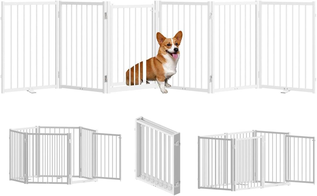 Full Metal Freestanding Dog Gate with Door, 24'' Height Foldable Pet Dog Fence for Indoor & Outdoor, 6 Panels Extra Wide Free Standing Small Dog Gates for Doorways,House,Stairs,Porch,Deck,Yard (White)