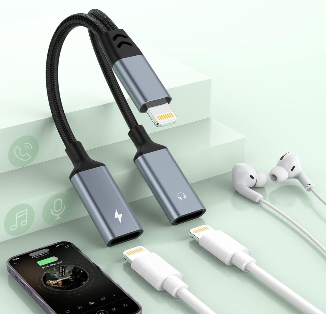 2-in-1 iPhone to Dual Lightning Audio Jack Headphone and Charger Cable Power Splitter,Earphone Converter Adapter Support Music+Charge+HiFi+Mic for iPhone 14 Pro/14 13 12,iPad Apple MFi Certified
