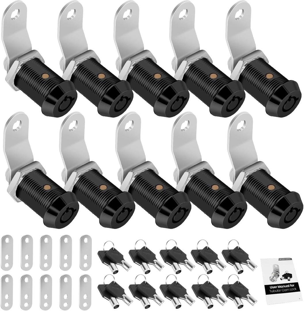10 Pack Cabinet Lock with Keys, 1" RV Storage Locks Keyed Alike, RV Locks for Storage Door, Camper Toolbox RV Cam Locks with Manual(Black, 10Pack, 1 Inch)