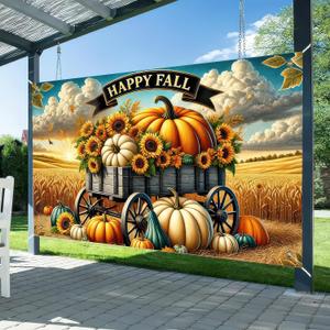 71x43 Inchs Happy Fall Banner Autumn Sunflower Pumpkin Backdrop Outdoor Indoor Decorations Fall Thanksgiving Truck Banner Baby Shower Background Photo Booth Props Party Supplies