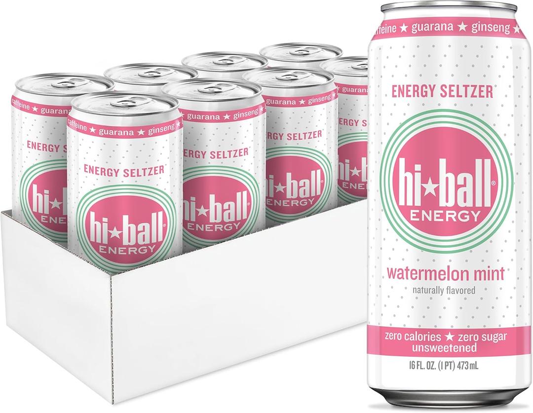 Hiball Clean Energy Drink - Watermelon Mint - Zero Sugar, Zero Calorie Sparkling Water with 160mg Organic Caffeine, 50mg Organic Ginseng, 50mg Organic Guarana and B Vitamins - 16 fl oz (8-Pack)