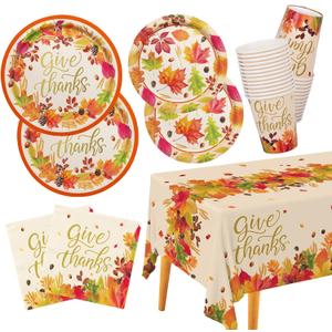 Fall theme Party Supplies Kit, Serve 25, Autumn Harvest Disposable Dinnerware Includes: Paper Dinner Plates, Dessert Plates, Napkins, Cups, and Tablecloth, for Thanksgiving Party Decorations