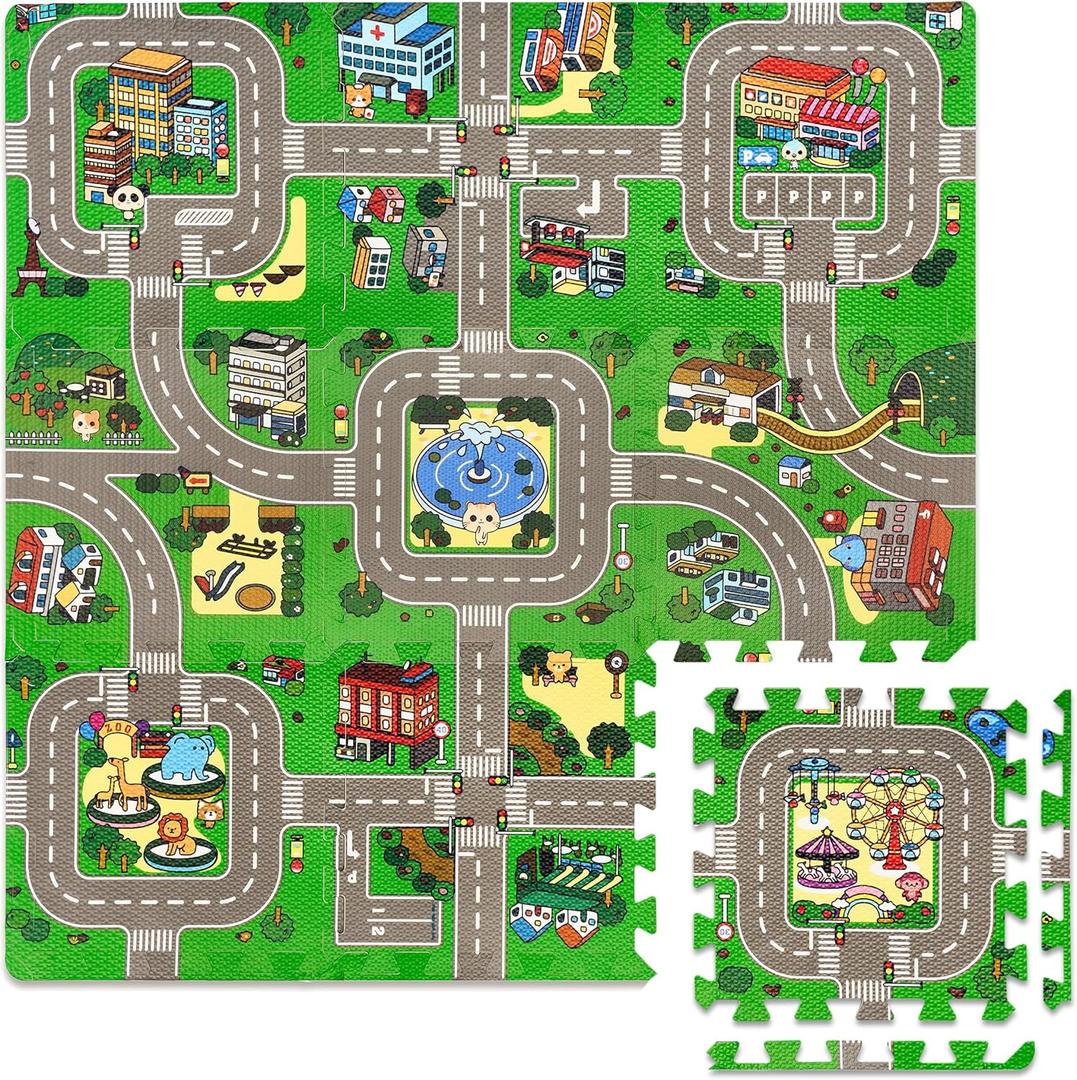 Sorbus Traffic Play mat Puzzle Foam Interlocking Tiles  Kids Road Traffic Play Rug - Children Educational Playmat Rug - Great for Playing with Toy Cars Trucks (9 Tiles with Borders) (9 Piece - Block)