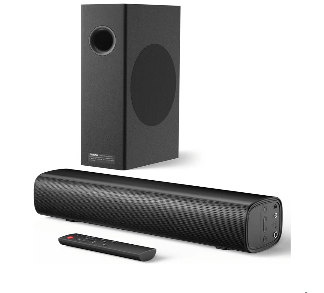 Saiyin Soundbar with 4'' Subwoofers - 70W Rounded-Edge Subwoofer & Compact Soundbar for TV, 2.1 Audio Enhanced Surround Sound System for TV, Bluetooth/Optical/AUX Connection for TV/PC