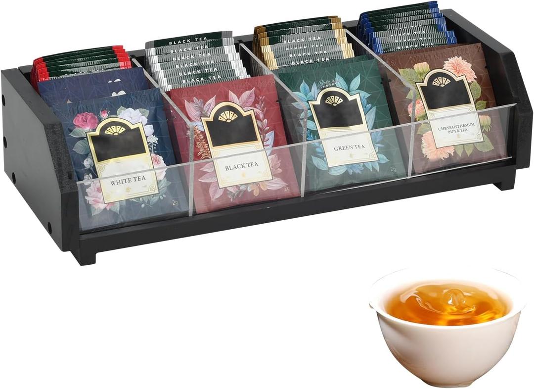 Tea Bag Storage Organizer, Natural Wood and Clear Acrylic, 4-Section Chest, 13.5x4.9x3.1 Inch, 80 Bag Capacity (Black)