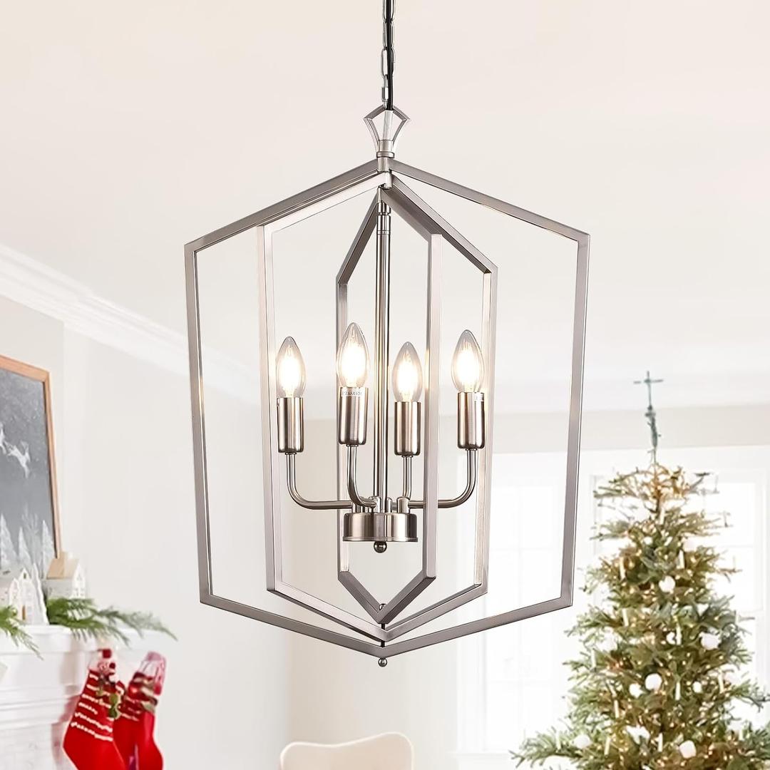 WJShome 18.1" Silver Chandelier, 4-Light Farmhouse Foyer Lighting Fixtures, Modern Hanging Ceiling Lantern Pendant Light, for Dining Room, Kitchen Island, Hallway, Entrance, Staircase