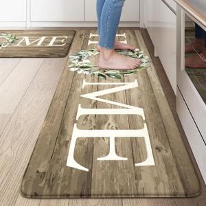 KIMODE Anti Fatigue Mats for Kitchen Floor,Farmhouse Rugs Sets of 2,Cushioned Carpet Non Slip for Laundry,Memory Foam Runner for Sink Office,Khaki 20"x47"+20"x32"