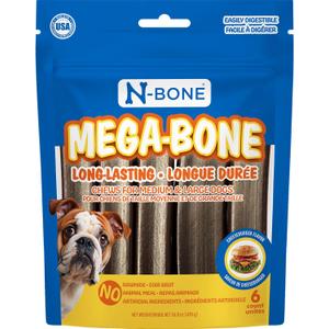 N-Bone Mega-Bone Large Dog Chews, SQF Certified Chewing Sticks, Long Lasting Dog Treats with Natural Ingredients, Made with Rice Flour for Easy Digestion, Cheeseburger Flavor, 6 ct. Pouch (16.8oz) (EXP 12/25/27)