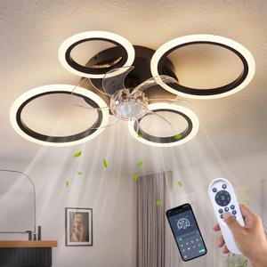 26" Geometric Ceiling Fan with Lights Remote Control, 3 Colors, 6 Speeds, Bladeless, Low Profile for Kitchen, Bedroom, Small Large