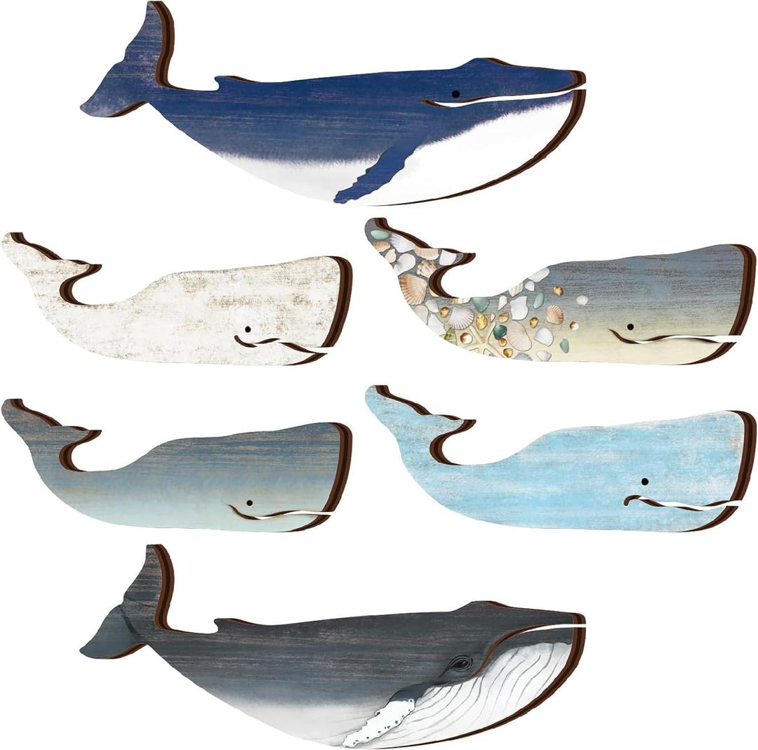 Wesiti 6 Pcs Wooden Whale Wall Art Bulk Nautical Coastal Theme Ocean Fish Hanging Decor Rustic Vintage Whale Wall Pediments Ornaments with Screws for Housewarming Living Room Bathroom Bedroom Nursery