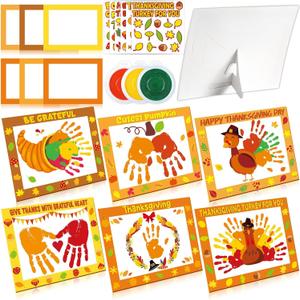 24 Sets Thanksgiving Handprint Crafts Kits for Kids DIY Thanksgiving Hand Keepsake Craft with 3 Large Ink Pads Fall Palm Painting with Frame Crafts for Classroom Home Art Activity Autumn Party Favors