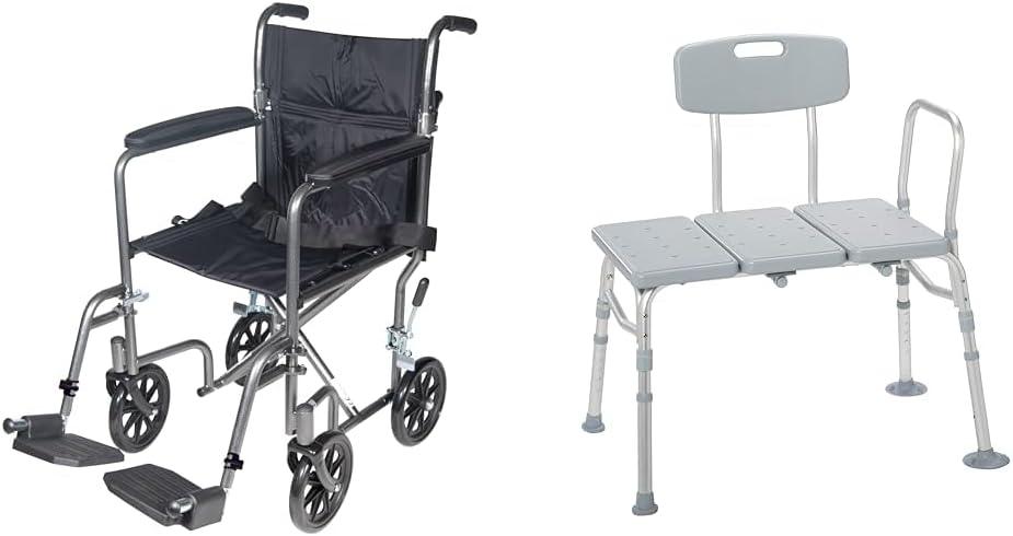 Drive Medical TR37E-SV Lightweight Folding Transport Wheelchair with Swing-Away Footrest, Silver & 12011KD-1 Tub Transfer Bench for Bathtub, Height Adjustable Shower Bench