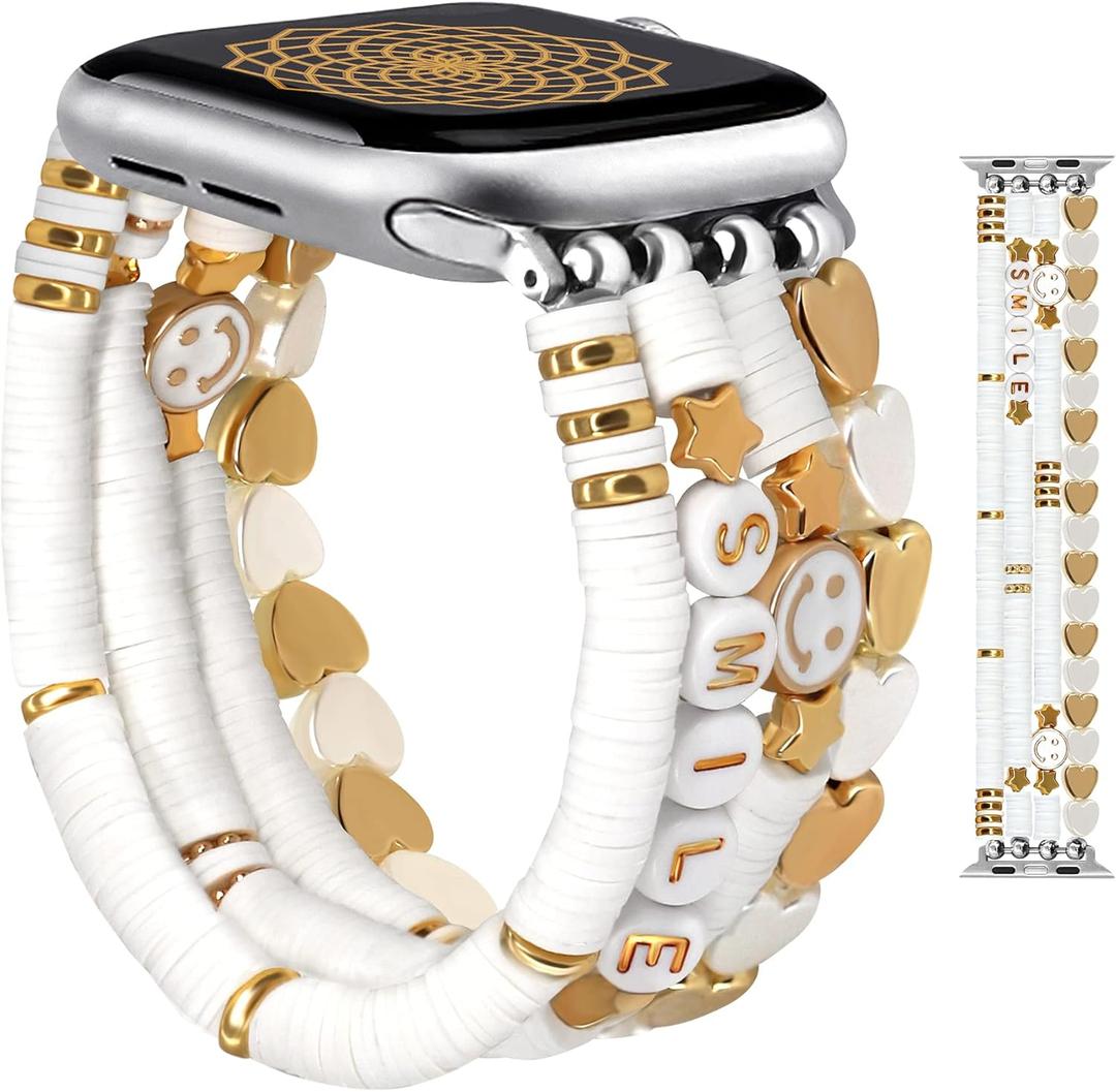 JR.DM Beaded Bracelet Compatible with Apple Watch 40mm 38mm 41mm 42mm Women Kids Girls Cute Fashion Preppy Stackable Handmade Stretchy Watch Strap for iWatch Series 11/10/9/8/7/SE/6/5/4/3/2/1 (E5 White Smiley Face)