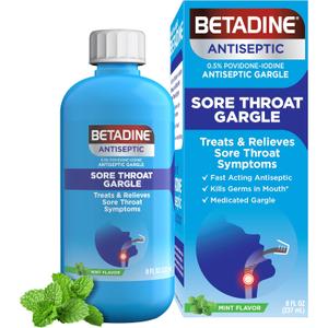 Betadine Sore Throat Relief Gargle, 8 Oz, Fast Acting Antiseptic with Povidone-Iodine 0.5%, Sore Throat Medicine, Mint Flavor