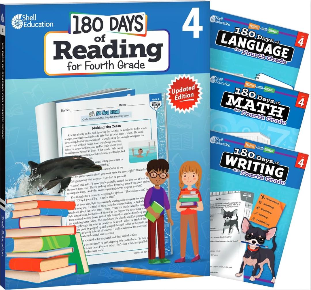 180 Days™: Literacy and Math Skills for 4th Grade Practice Workbook for Classroom and Home, Cool and Fun Practice Created by Teachers