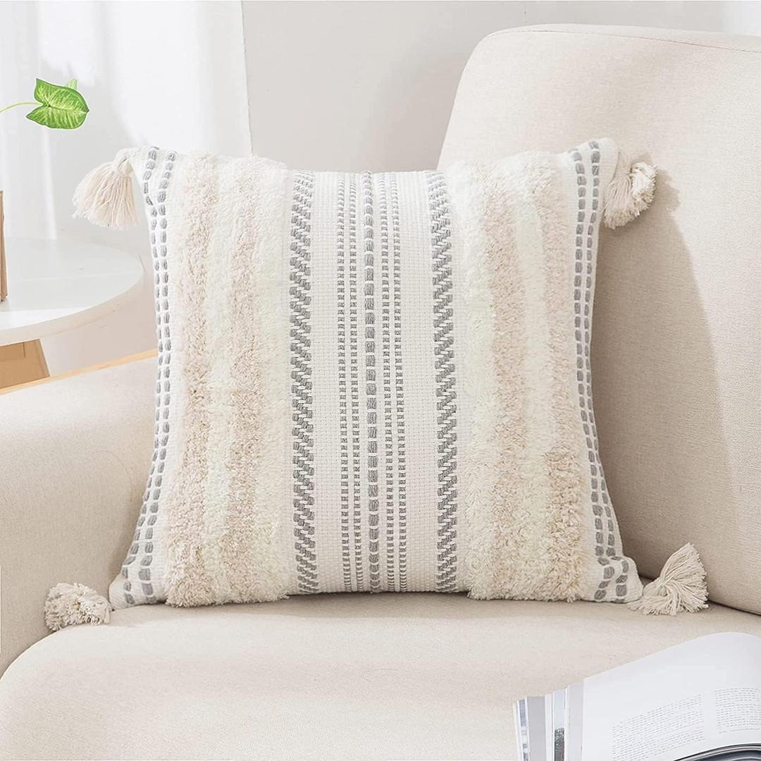 decorUhome Summer Decorative Boho Throw Pillow Cover 18x18, Accent Neutral Textured Tufted Pillow Cover Striped for Couch Bed Sofa, Beige and Cream White, Pack of 1