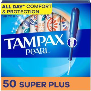 Tampax Pearl Tampons for Women, with LeakGuard Braid, Super Plus Absorbency, Unscented, 50 Count