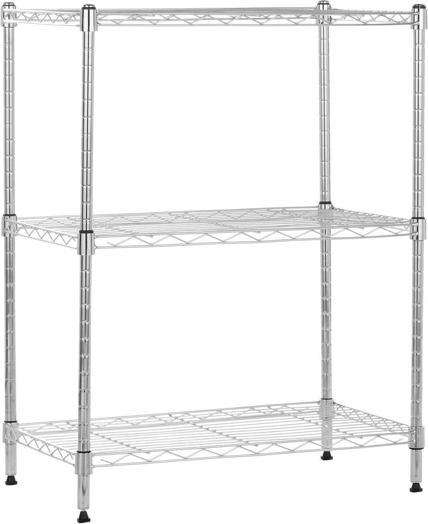Amazon Basics 3-Shelf Adjustable Heavy Duty Steel Wire Shelving Rack with Chrome Finish, No-Tool Assembly, 250 lbs per Shelf, 23.2" L x 13.4" W x 30" H