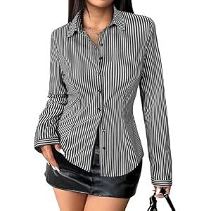 Gleeivy Striped Button Down Shirts for Women Dress Shirt Slim Fit Long Sleeve Casual Collared Work Blouse Y2K Fall Outfits L