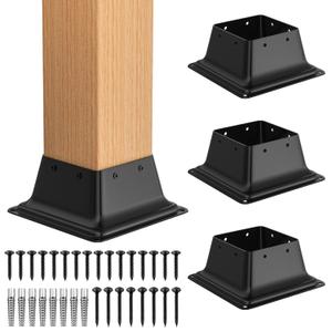 FMhotu 4x4 Post Base 4Pcs, Internal 3.6"x3.6" Heavy Duty Powder-Coated Steel Post Bracket Fit for Standard Wood Post Anchor, Decking Post Base for Deck Porch Handrail Railing Support with Screws