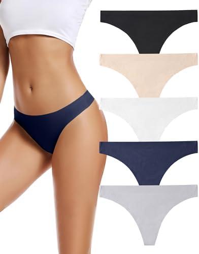 voenxe Seamless Women Underwear Thongs, No Show Ladies Thong, No Line Workout Breathable Comfortable Panties, Soft Undies, 5-Pack S