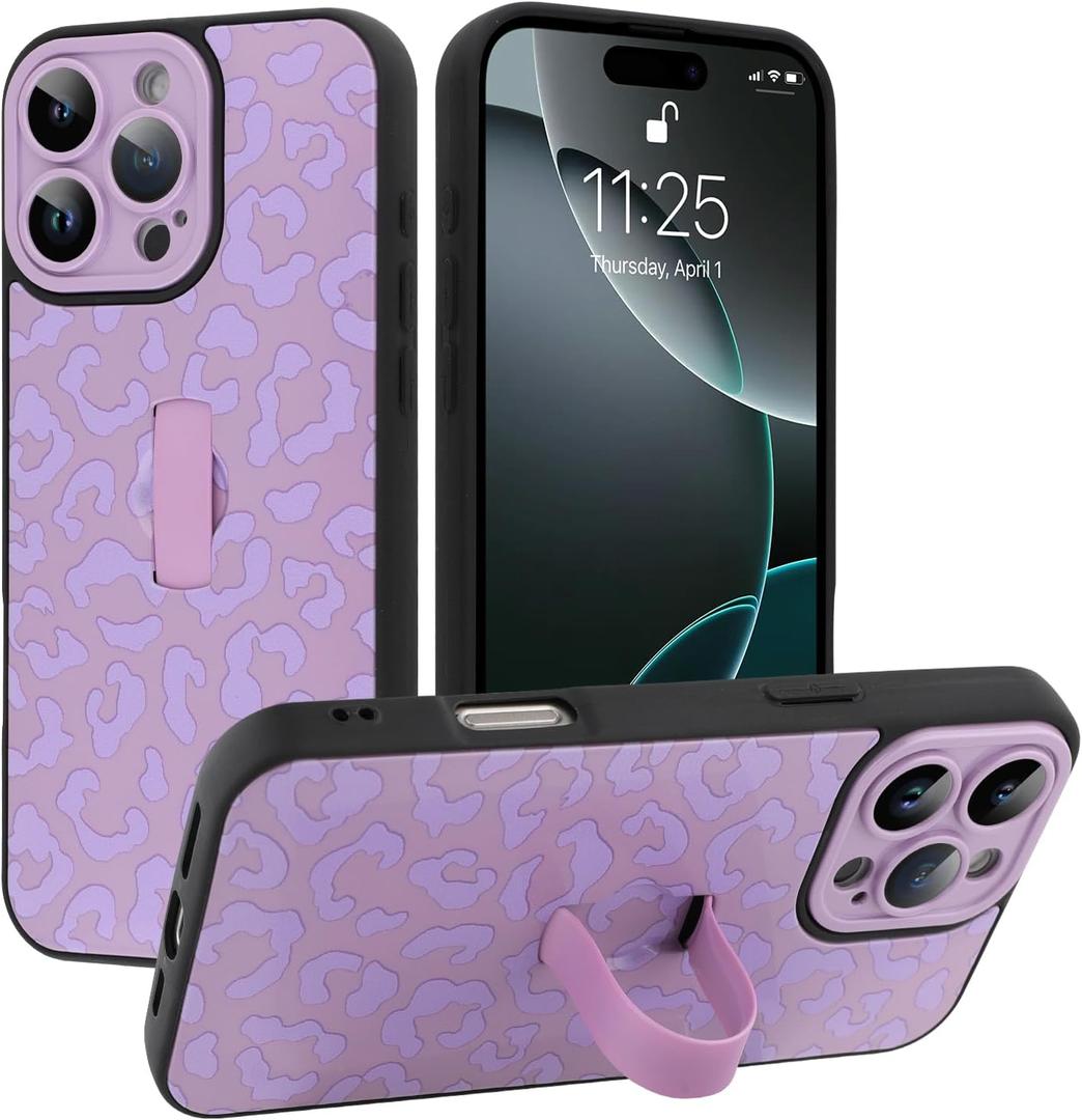 Compatible with iPhone 16 Pro Max Case with Finger Strap, Cheetah Print Shockproof Soft TPU Protective Cover for Women Girls, Slim Anti Scratch Case for iPhone 16 Pro Max 6.9 Inch, Purple