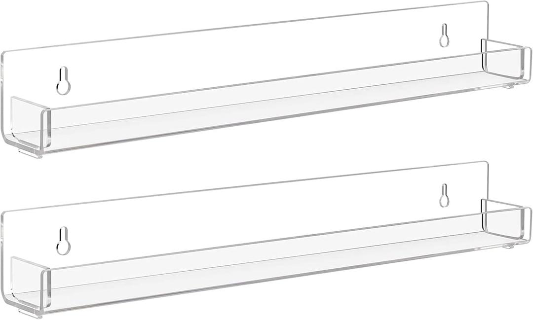 2 Pack Clear Nail Polish Rack Wall Mounted,15 inch Invisible Acrylic Floating Bookshelf,Small Toy Storage Wall Shelf Modern Picture Ledge Vinyl Record Display Shelf Holder