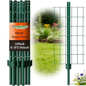 Amagabeli Metal Fence Posts 3 Feet 10 Pack Heavy Duty Garden Stakes T Post U Channel for for Wire Fence No Dig Garden Fence Stakes for Temporary Fencing Electric Fence Corner Anchor Green