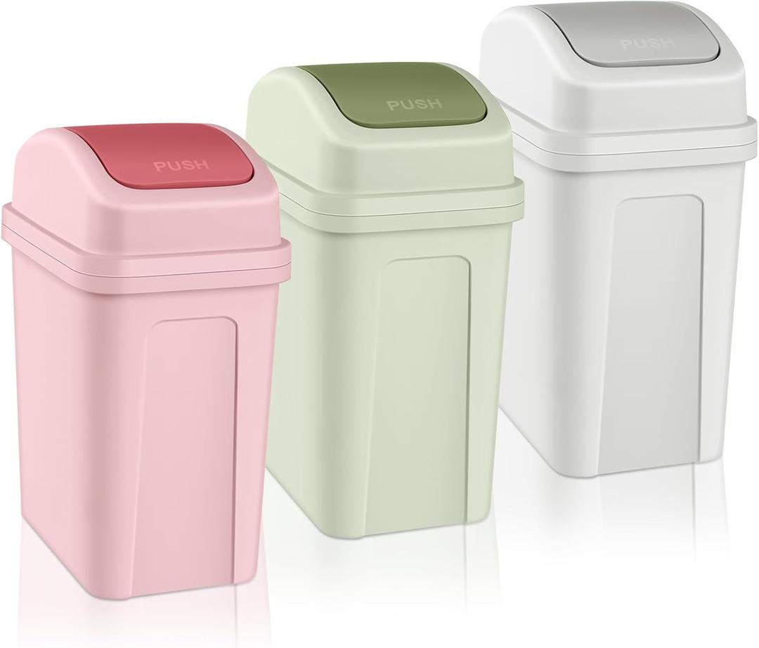 Sumind 3 Pcs 1.8 Gallon Bathroom Trash Can with Swing Lid Small Garbage Can Plastic Bathroom Trashcan Garbage Bin for Kitchen Waste Bedroom Room Outdoor (Green, Pink, Beige)