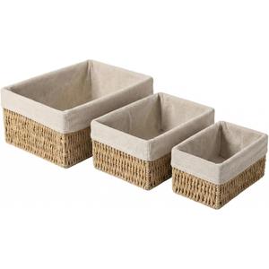 Wicker Baskets Set of 3 with Removable Linen Liner, Wicker Storage Baskets for Shelves  Woven Nesting Organizer Bins for Pantry, Bathroom, Closet & Dresser (Small)