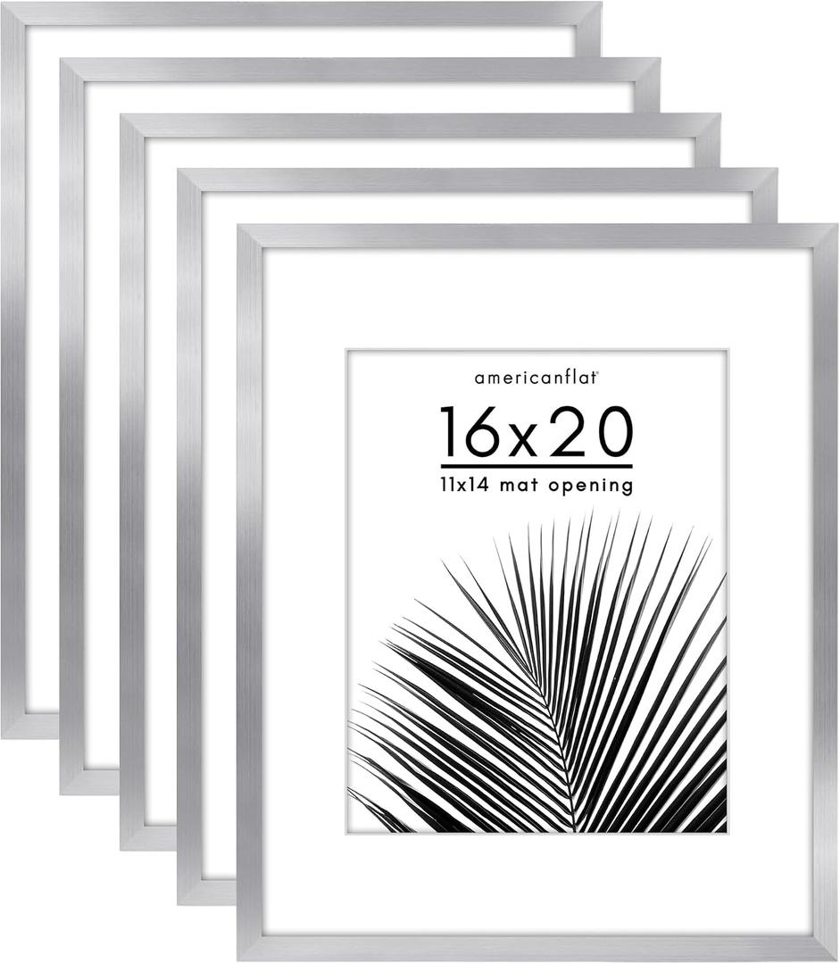 Americanflat 16x20 Picture Frame with Polished Plexiglass - Set of 5 - Use as 11x14 Frame with Mat or Display 16x20 Photo Without Mat - Galleria Collection - Picture Frames for Wall Display - Silver