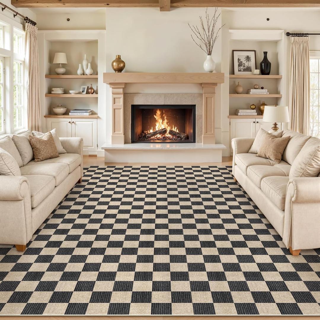 LIVEBOX 10x14 Area Rugs for Living Room, Checkered Non-Slip Washable Rugs, Farmhouse Neutral Classic Geometric Pattern Large Boys Area Rug for Bedroom, Carpet for Dining Room Office (Black,10'x14')