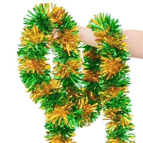 33FT St. Patrick's Day Tinsel Garland, Green Gold Metallic Twist Foil Tinsel Garland Hanging Garland for St. Patrick's Day Birthday Party Indoor Outdoor Decoration
