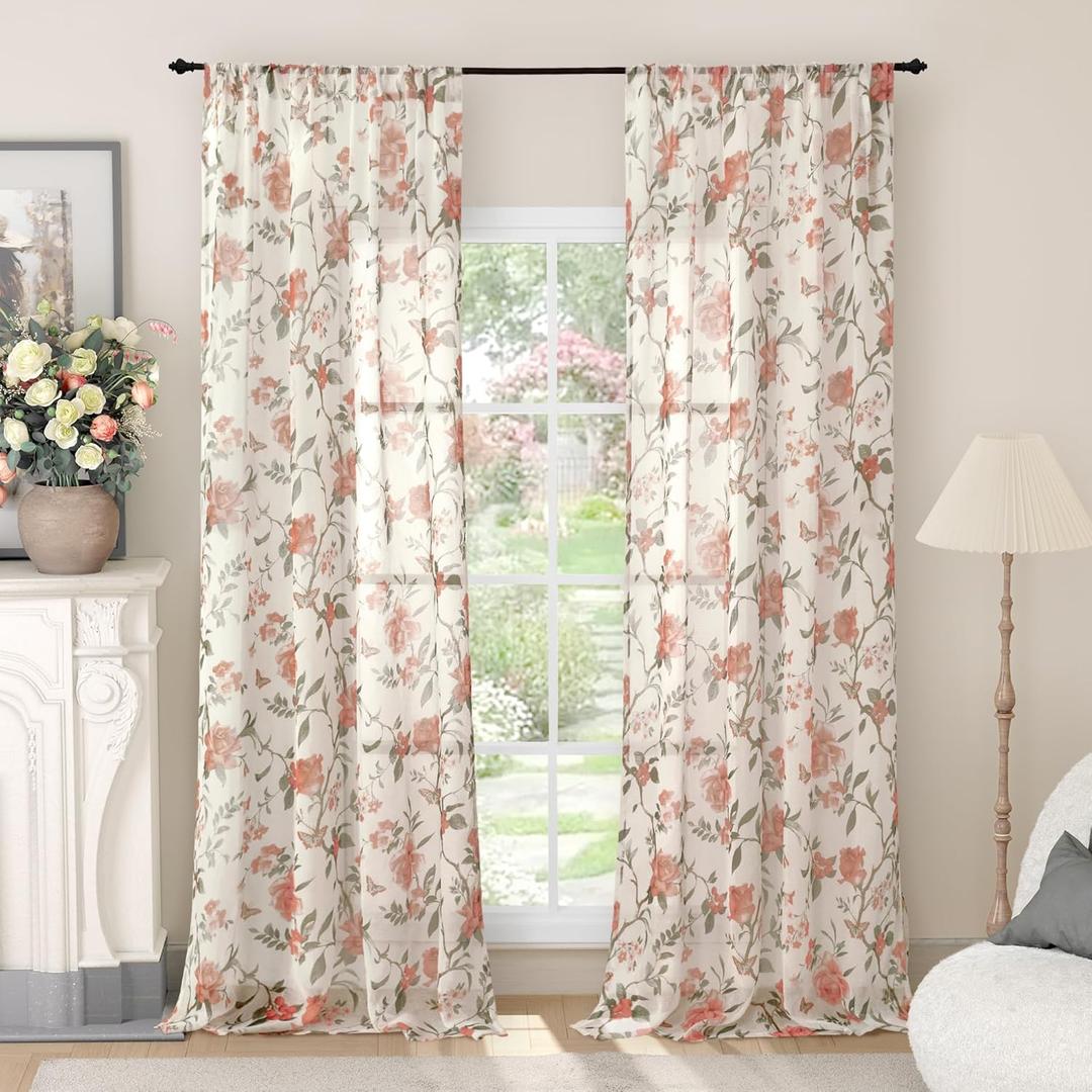 Lajode Floral Sheer Curtains for Living Room Window, Vintage Farmhouse Light Filtering Privacy Semi-Sheer Linen Curtains for Bedroom 96 Inch Length 2 Panels, Rod Pocket, Terracotta, Each 52 Inch Wide