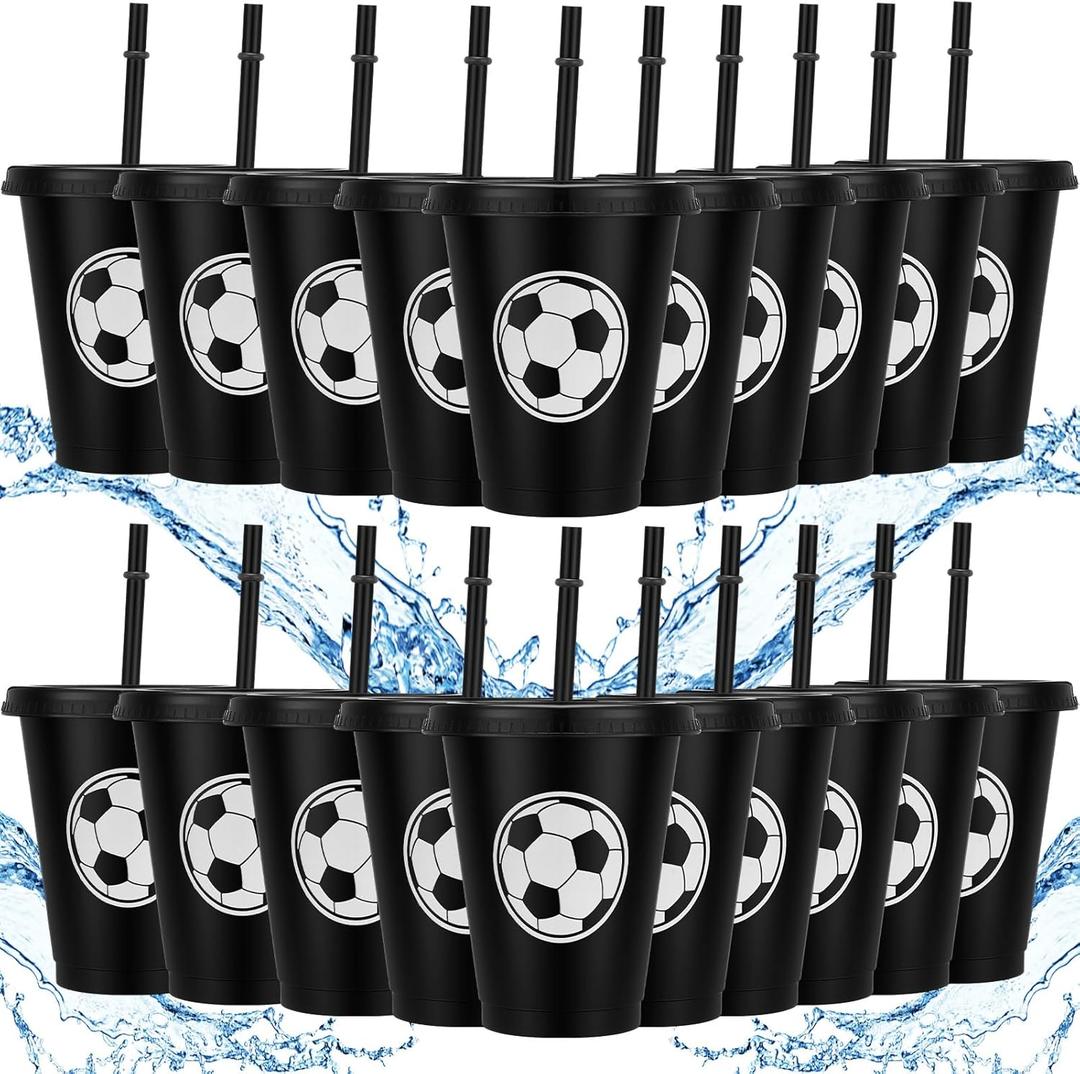 Domensi 20 Pcs Soccer Party Favor Cups Bulk 16oz Soccer Cups Reusable Plastic Tumbler with Lid and Straw for Team Coach Friend Fan Men Women Gifts Party Favor Decoration Supplies (Black/White)