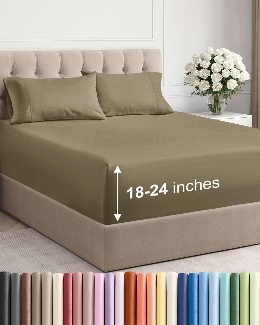 Extra Deep Cal King Sheet Set - 4 Piece Breathable & Cooling Bed Sheets - Easily Fits 18 to 24 inch Mattress - Ultra Soft, Wrinkle & Fade Free with Extra Deep Pockets - Hotel Luxury Bedding - Khaki