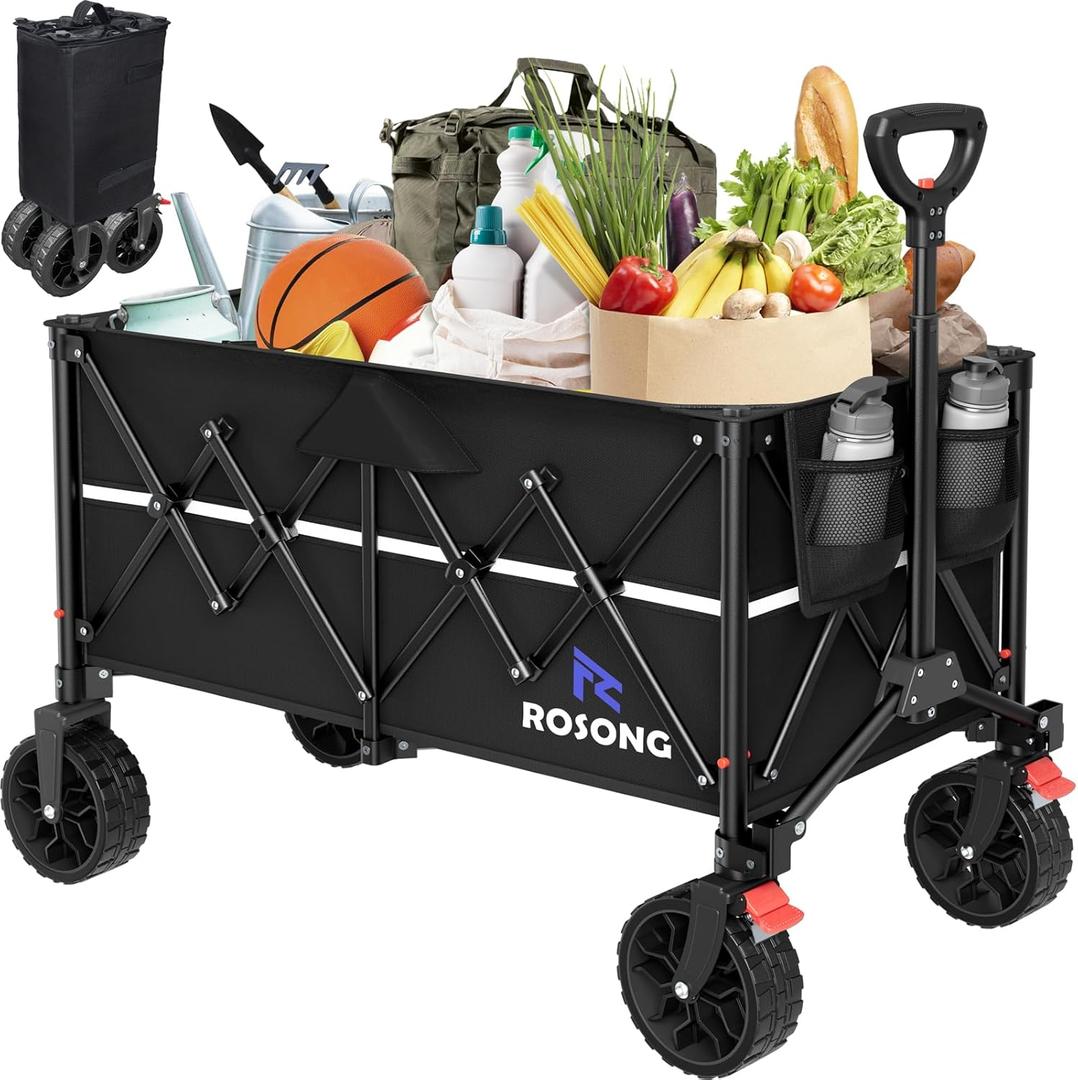 Folding Wagon Cart with Wheels Foldable - Collapsible Wagons Carts Heavy Duty, Fold Up Portable Utility Wagon for Grocery Beach Sports Fishing Camping Shopping Black (150L)
