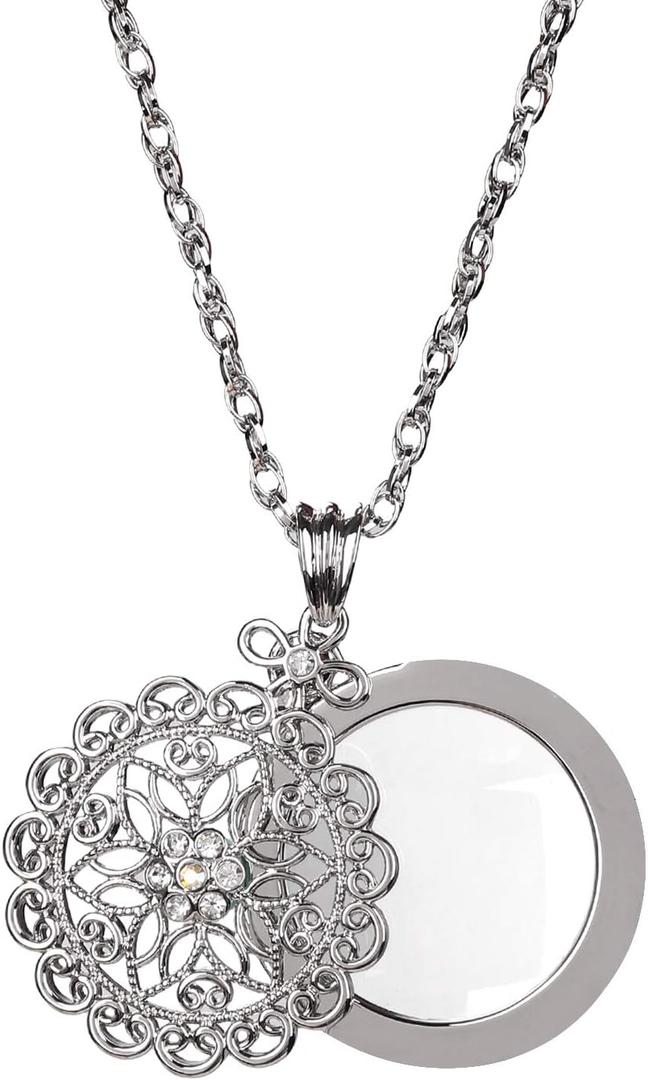 5X Necklace Magnifier Magnifying Glass Flower Pendant Retro Magnifying Loupe Pocket Jewelry Magnifier Necklace Elegant Long Sweater Chain with Jewelry Box for Senior Reading (Silver-Sliding Top)