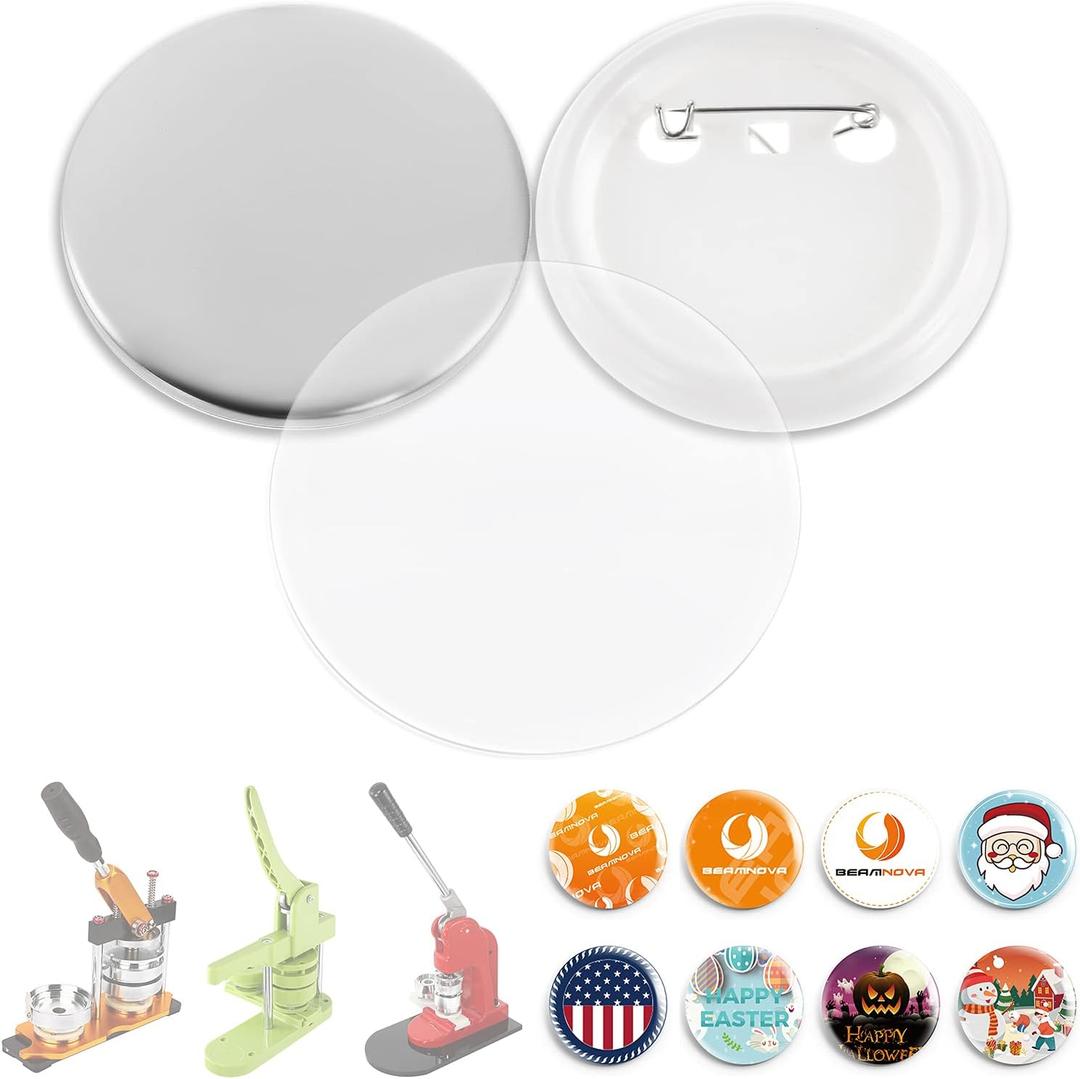 BEAMNOVA 500 Sets 75mm / 2.95 in (Approx. 3 inch) Button Maker Supplies Blanks for Round Pin Making Machine, Plastic Back, Hand Press Badge Making Refills