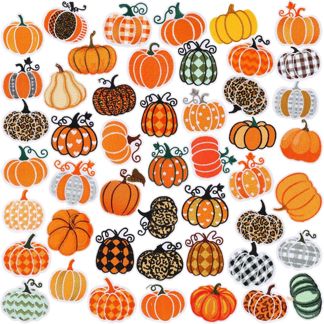 Yuxung 48 Pcs Pumpkin Iron on Patches Harvest Fall Thanksgiving Embroidery Applique Sewing Patches Fall Buffalo Plaid Leopard Stripe Patch for Clothing, Jackets, Jeans, Bags, Dress, Hats DIY Applique