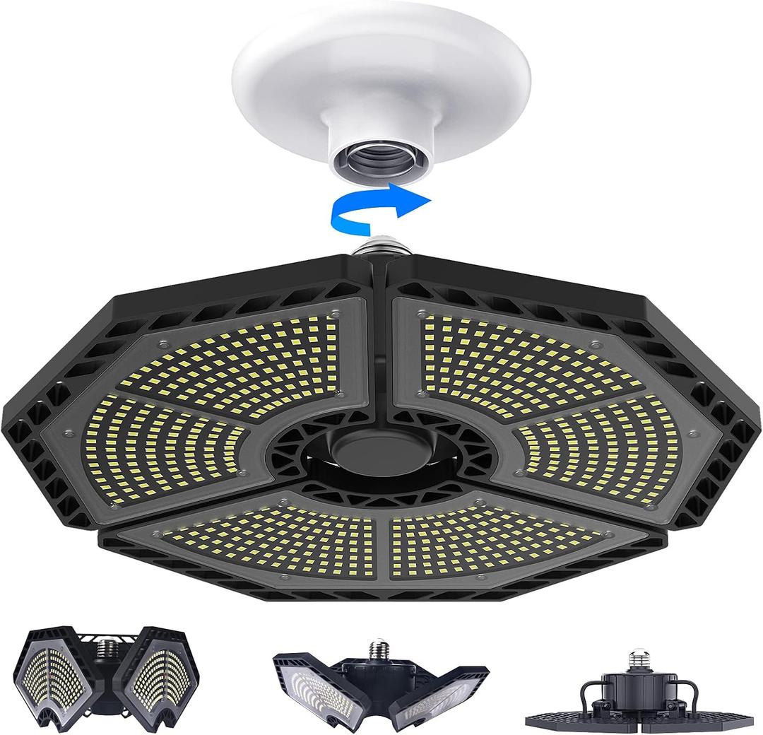 KERNOWO LED Garage Lights, 140W 18500 Lumens Garage Ceiling Lighting, 6000K Daylight with Deformable Three Panels Light Fixture E26/E27 Triple Glow LED Shop Light for Basement Workshop Warehouse