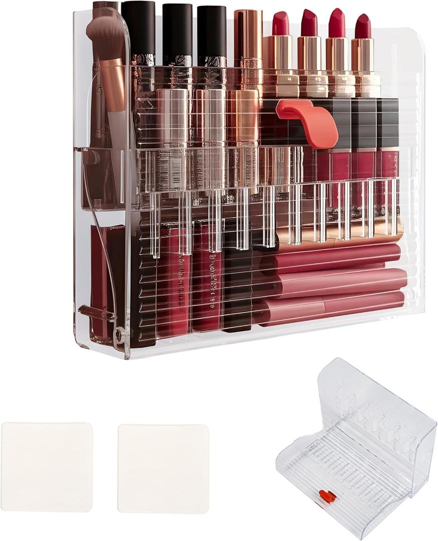 Wall-Mounted Adhesive Makeup Organizer, 16-Slot Clear Cosmetic Pencil Holder for Eyeliner, Lip Liner, Brushes, Vanity Cabinet Storage for Bathroom Countertop